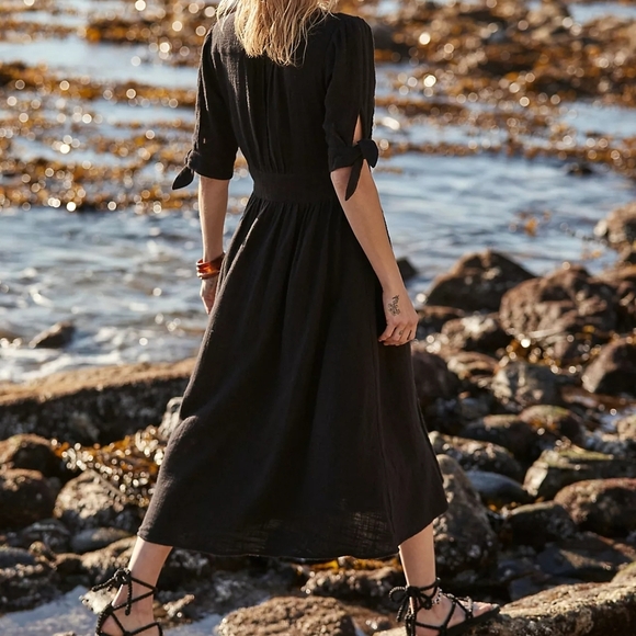 Free People Love Of My Life Dress Women's Size Small Black Midi Tie Button - Picture 3 of 9